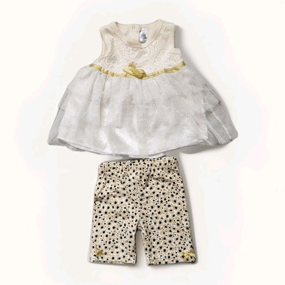 Swiggles Girls 24M Ivory Gold Speckle Dress & Leggings Set Animal Print EUC